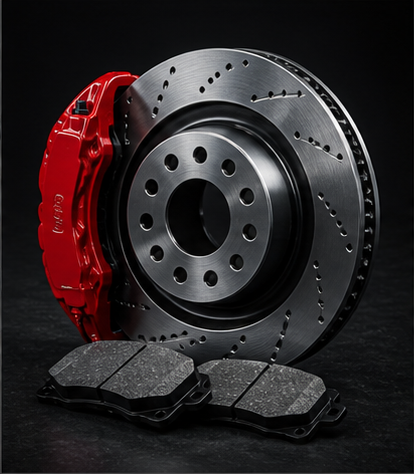 Brake disc, caliper, and brake pads