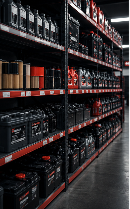 Organized spare parts store shelves