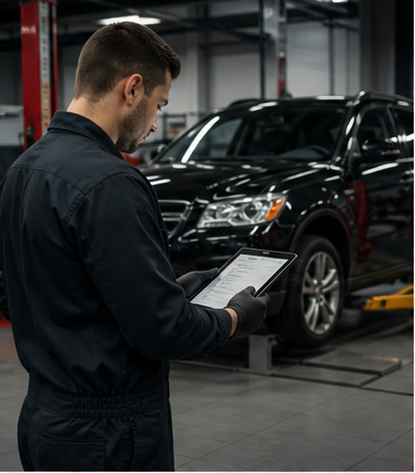 Mechanic inspecting a vehicle with tablet
