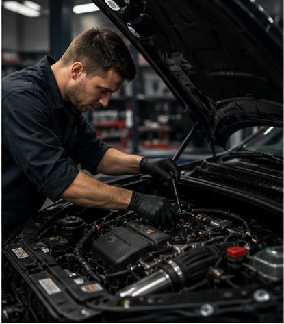 Engine repair under an open hood