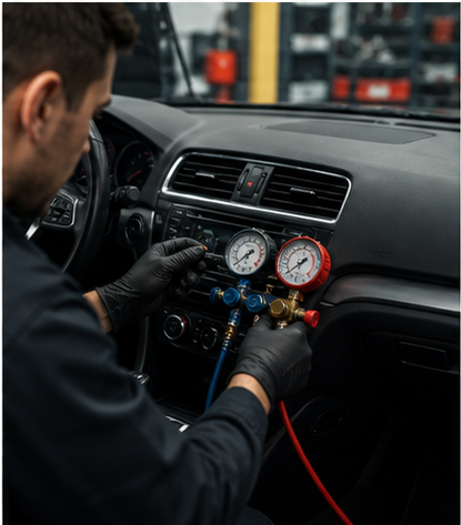 Car AC service with technician tools