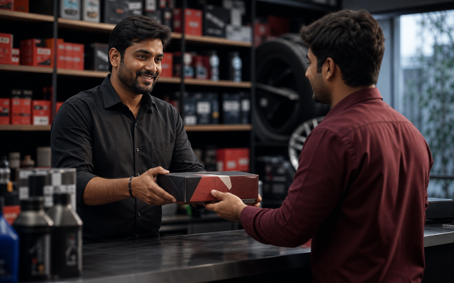 Indian parts consultant helping a customer at a spare parts counter