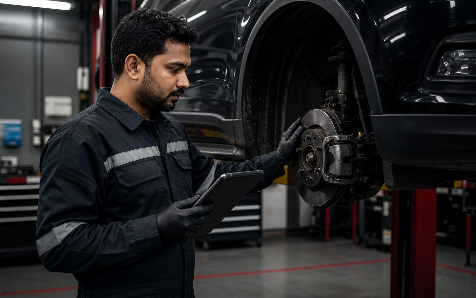 Indian quality inspector checking vehicle brake work