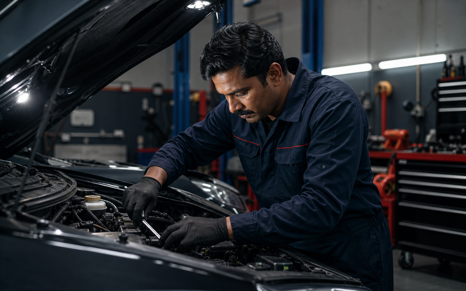 Indian mechanic repairing a vehicle