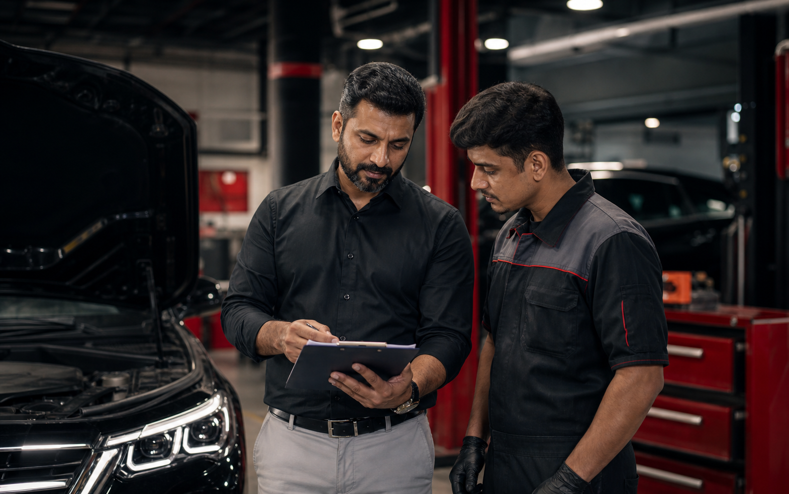Indian automotive founder reviewing service process in a workshop