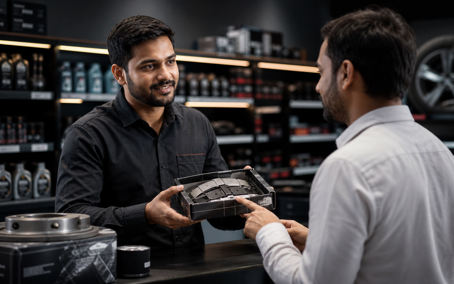 Indian parts specialist assisting a customer at an automotive counter
