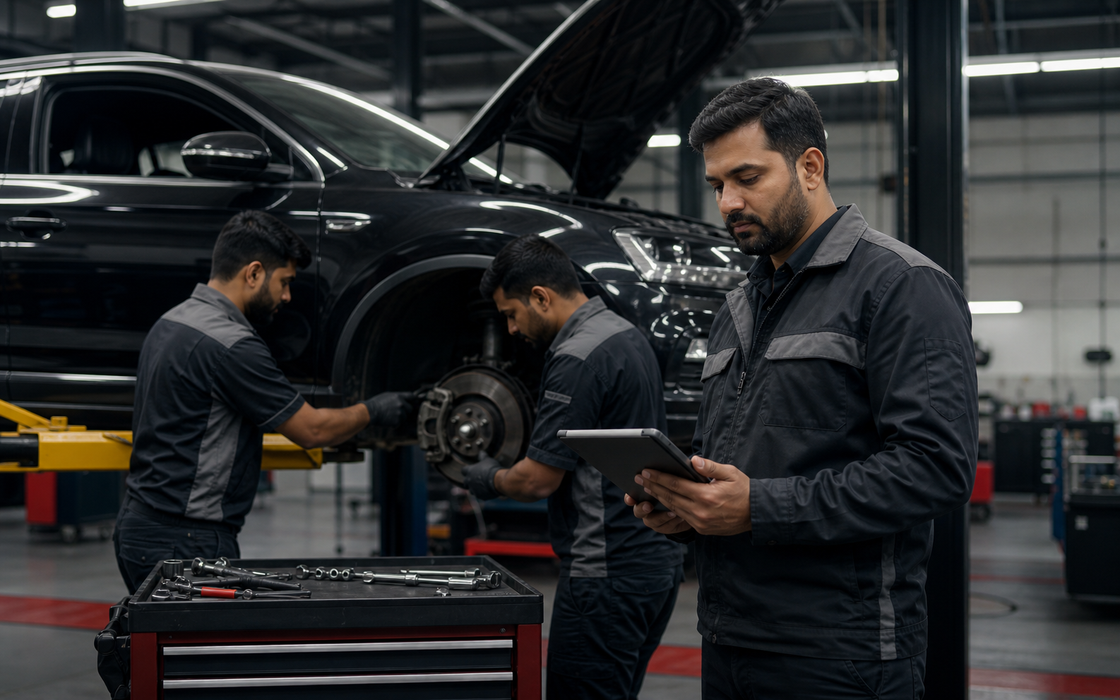 Indian workshop manager supervising technicians in a service bay