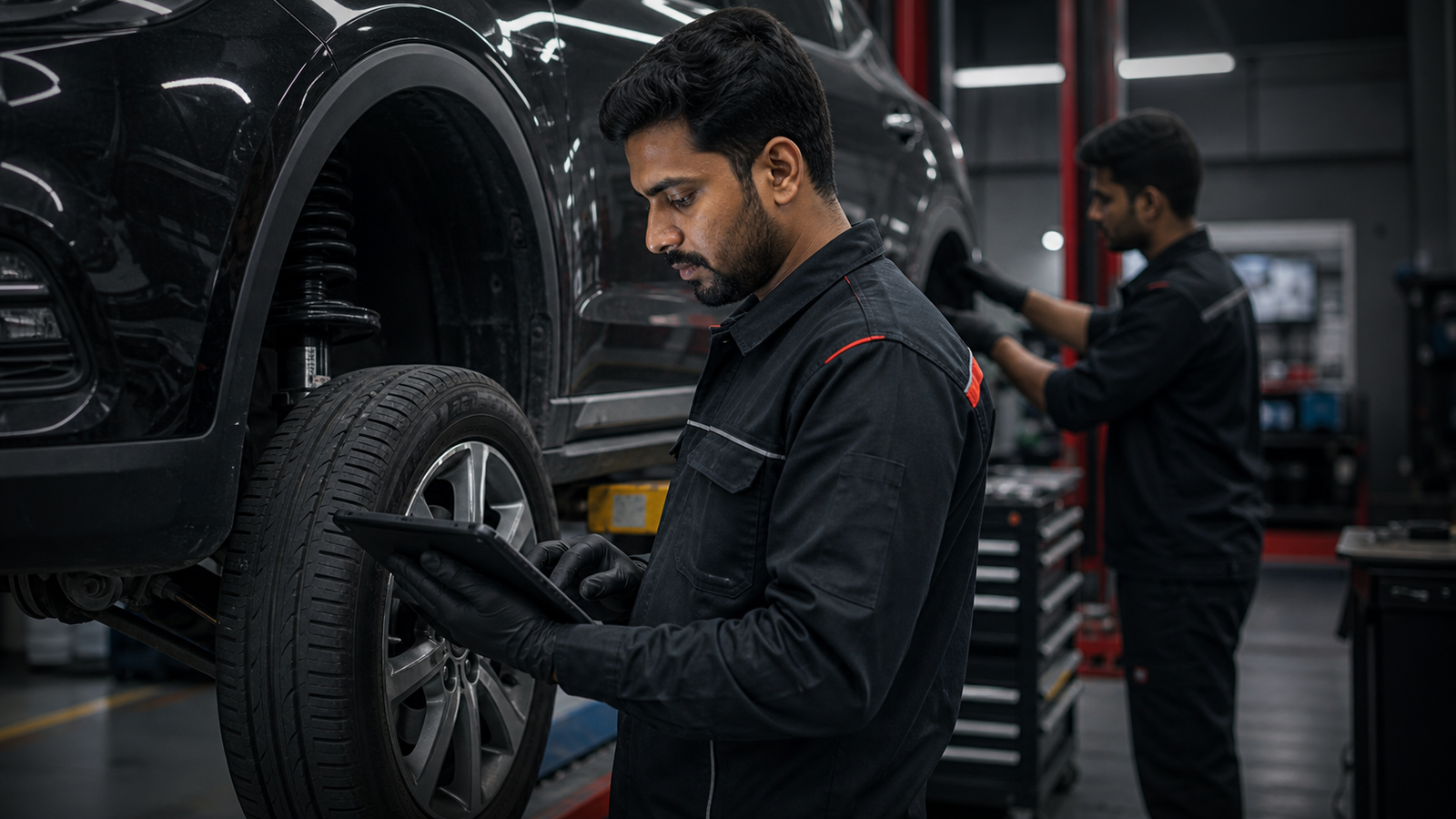 Indian technician checking wheel and suspension alignment